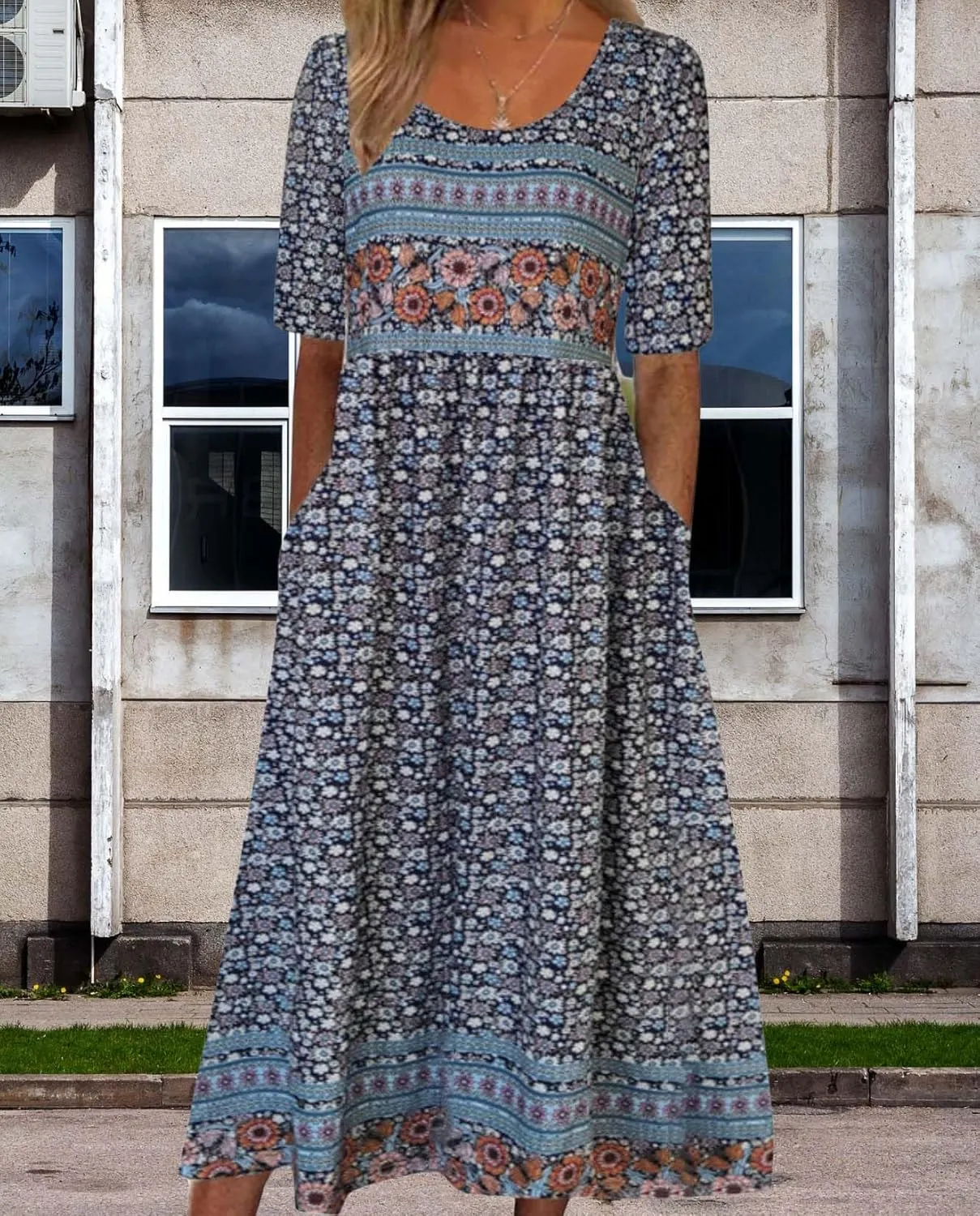 Summer Boho Floral Print Midi Dresses for Women Cotton Blend High Waist Casual Short Sleeve Loose Flowy Dresses with Pockets
