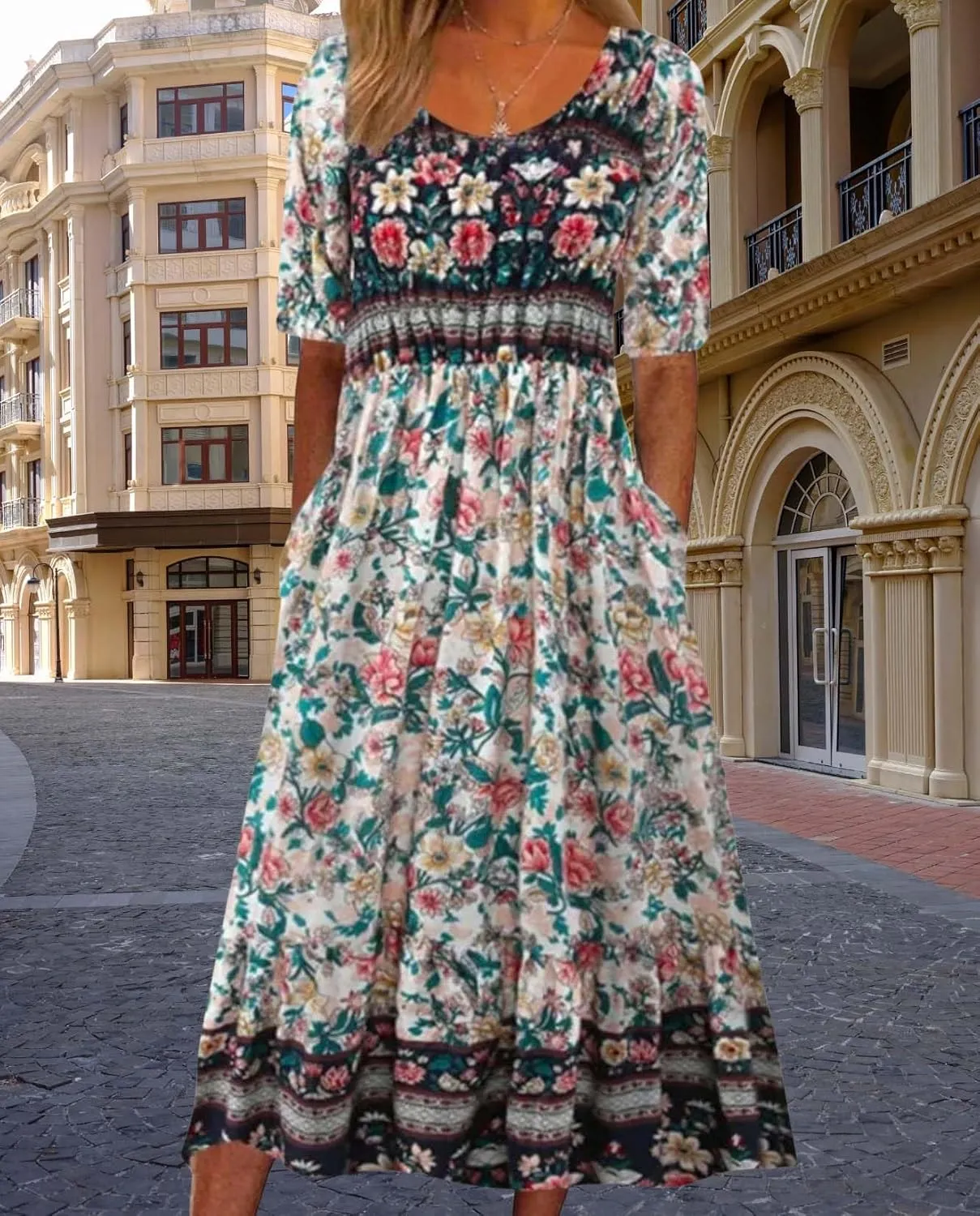Summer Boho Floral Print Midi Dresses for Women Cotton Blend High Waist Casual Short Sleeve Loose Flowy Dresses with Pockets