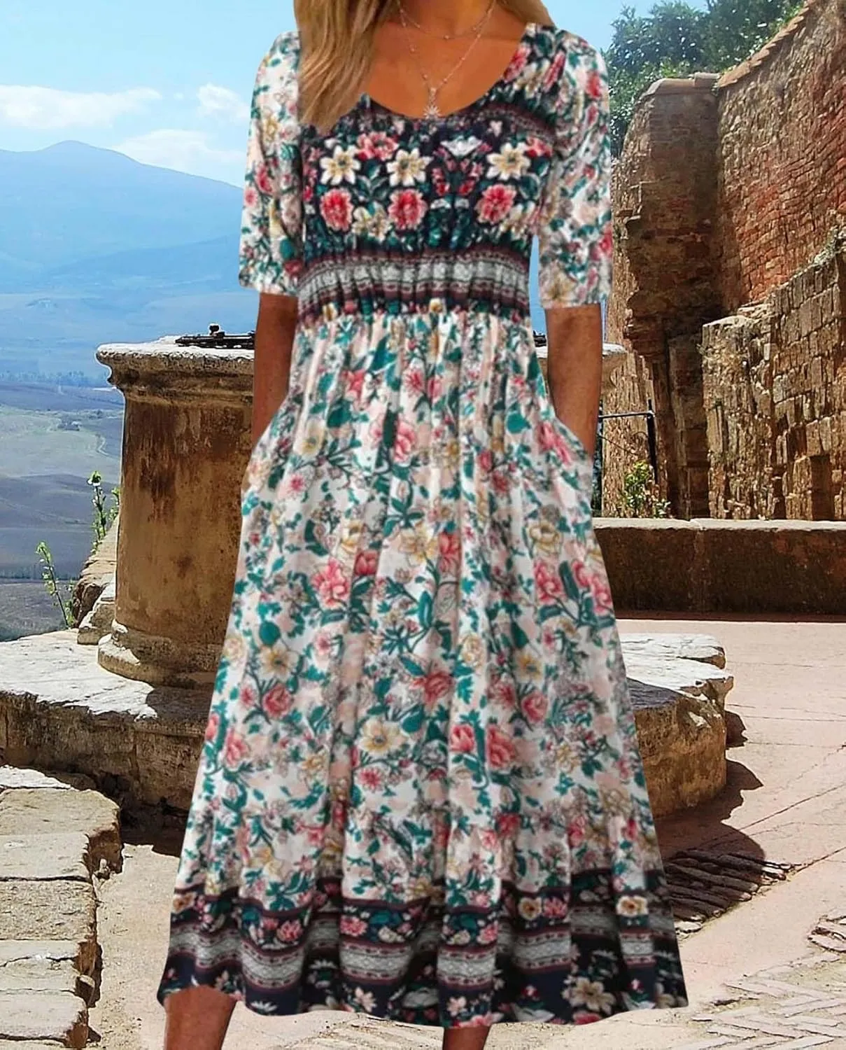 Summer Boho Floral Print Midi Dresses for Women Cotton Blend High Waist Casual Short Sleeve Loose Flowy Dresses with Pockets