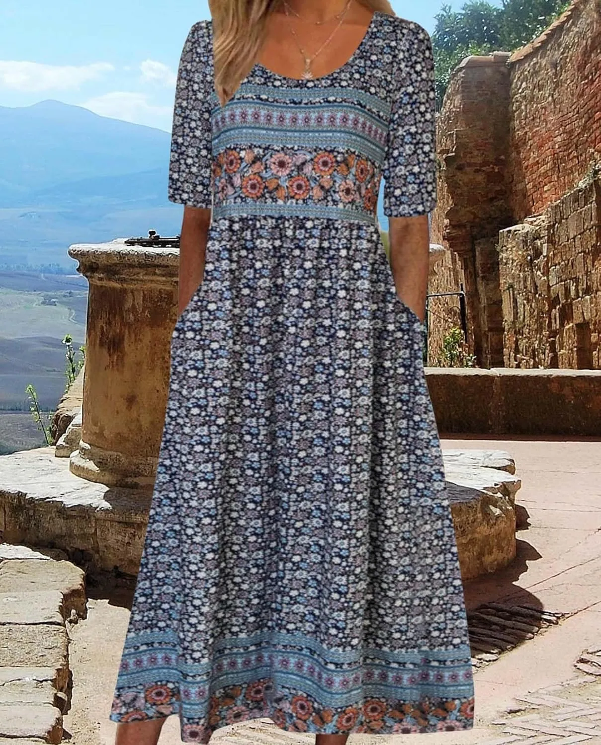Summer Boho Floral Print Midi Dresses for Women Cotton Blend High Waist Casual Short Sleeve Loose Flowy Dresses with Pockets