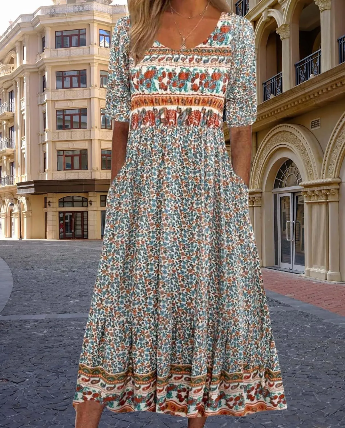 Summer Boho Floral Print Midi Dresses for Women Cotton Blend High Waist Casual Short Sleeve Loose Flowy Dresses with Pockets