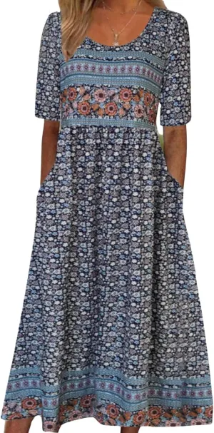Summer Boho Floral Print Midi Dresses for Women Cotton Blend High Waist Casual Short Sleeve Loose Flowy Dresses with Pockets