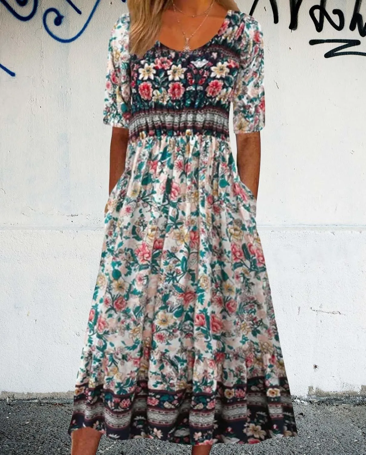 Summer Boho Floral Print Midi Dresses for Women Cotton Blend High Waist Casual Short Sleeve Loose Flowy Dresses with Pockets