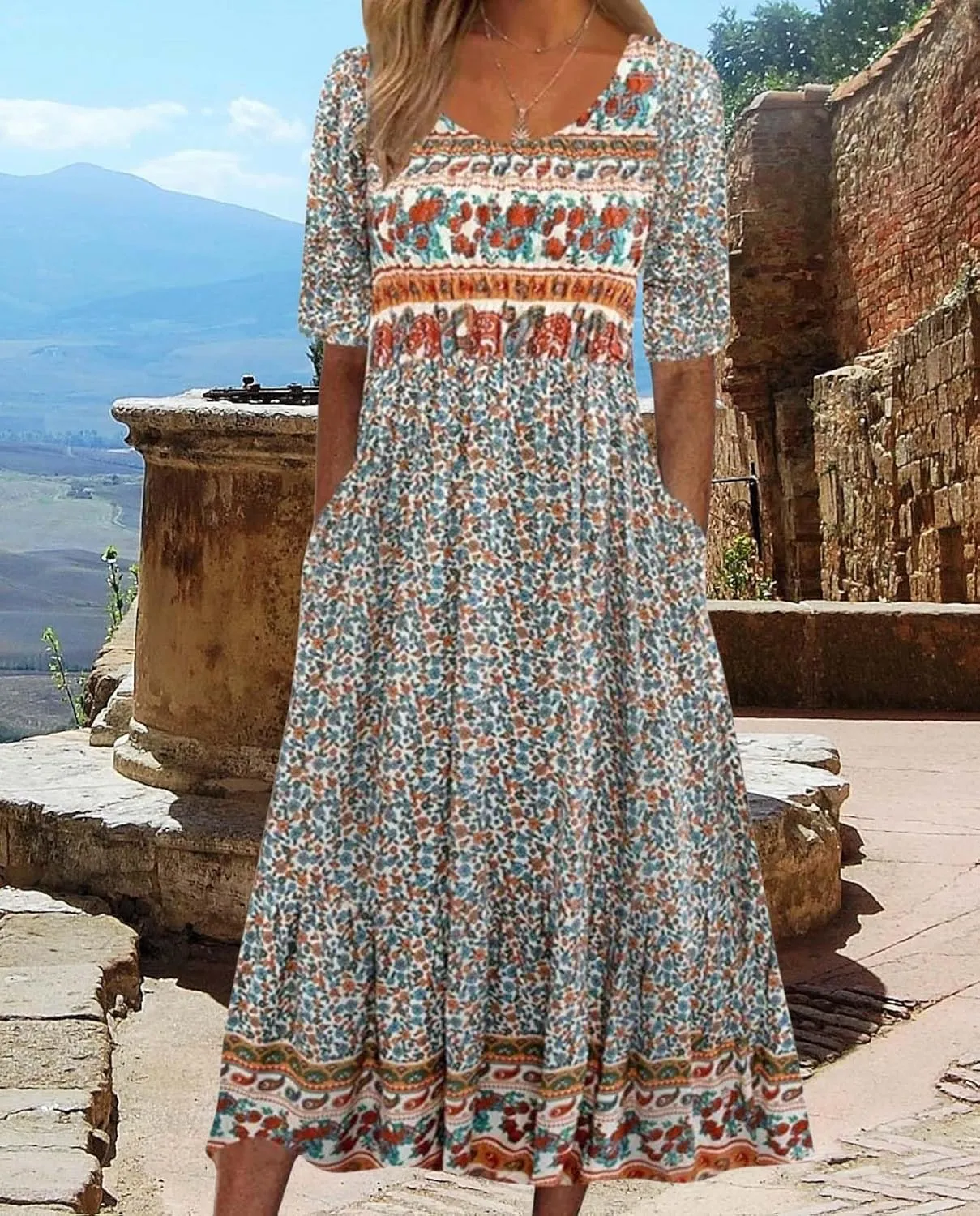 Summer Boho Floral Print Midi Dresses for Women Cotton Blend High Waist Casual Short Sleeve Loose Flowy Dresses with Pockets
