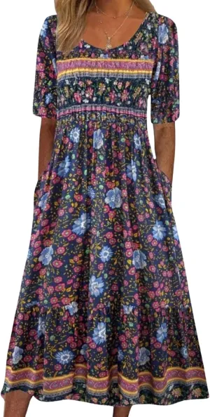 Summer Boho Floral Print Midi Dresses for Women Cotton Blend High Waist Casual Short Sleeve Loose Flowy Dresses with Pockets
