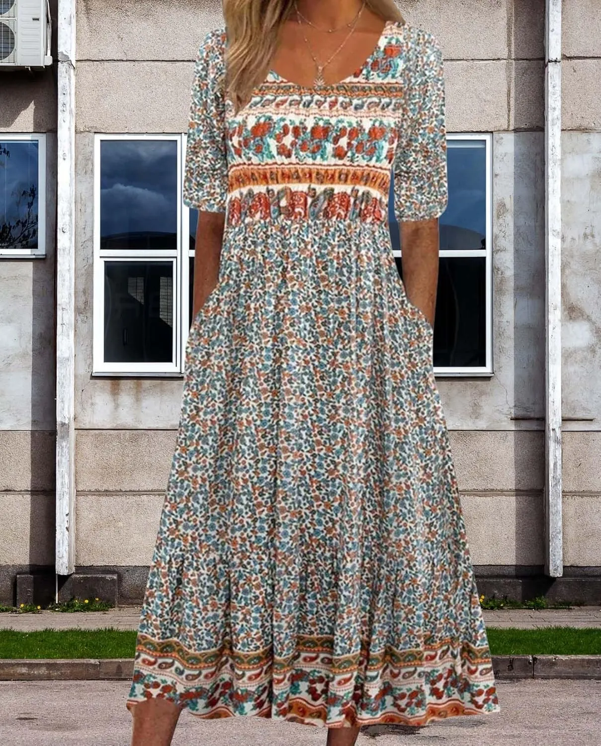 Summer Boho Floral Print Midi Dresses for Women Cotton Blend High Waist Casual Short Sleeve Loose Flowy Dresses with Pockets