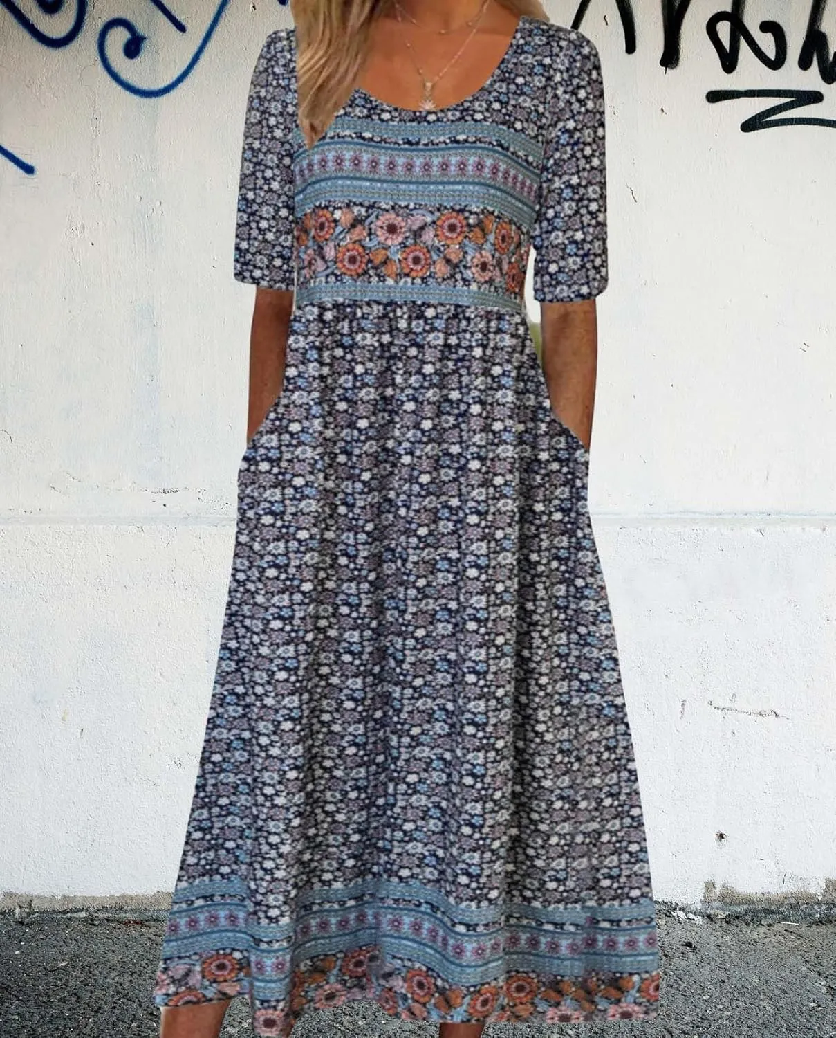 Summer Boho Floral Print Midi Dresses for Women Cotton Blend High Waist Casual Short Sleeve Loose Flowy Dresses with Pockets