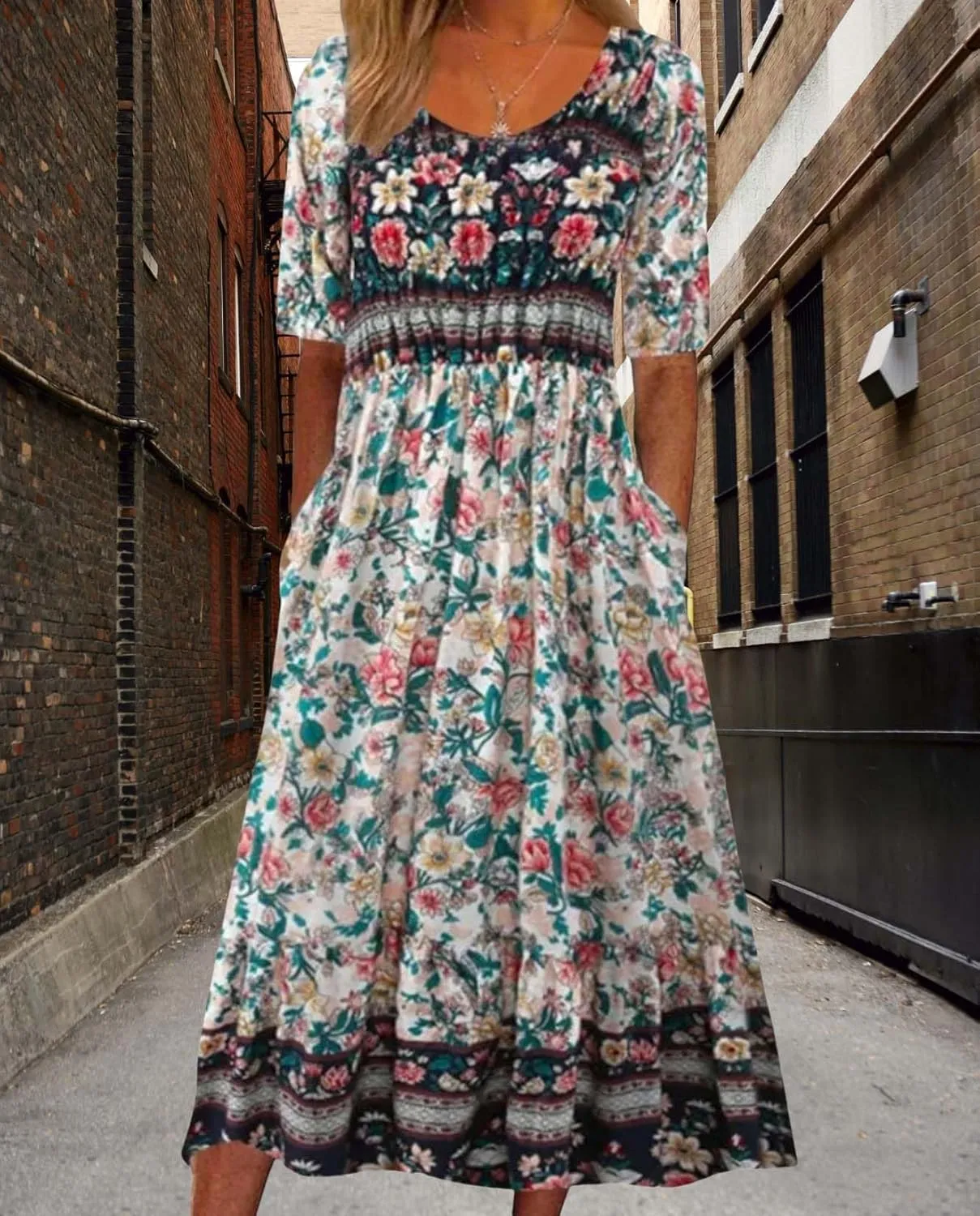 Summer Boho Floral Print Midi Dresses for Women Cotton Blend High Waist Casual Short Sleeve Loose Flowy Dresses with Pockets