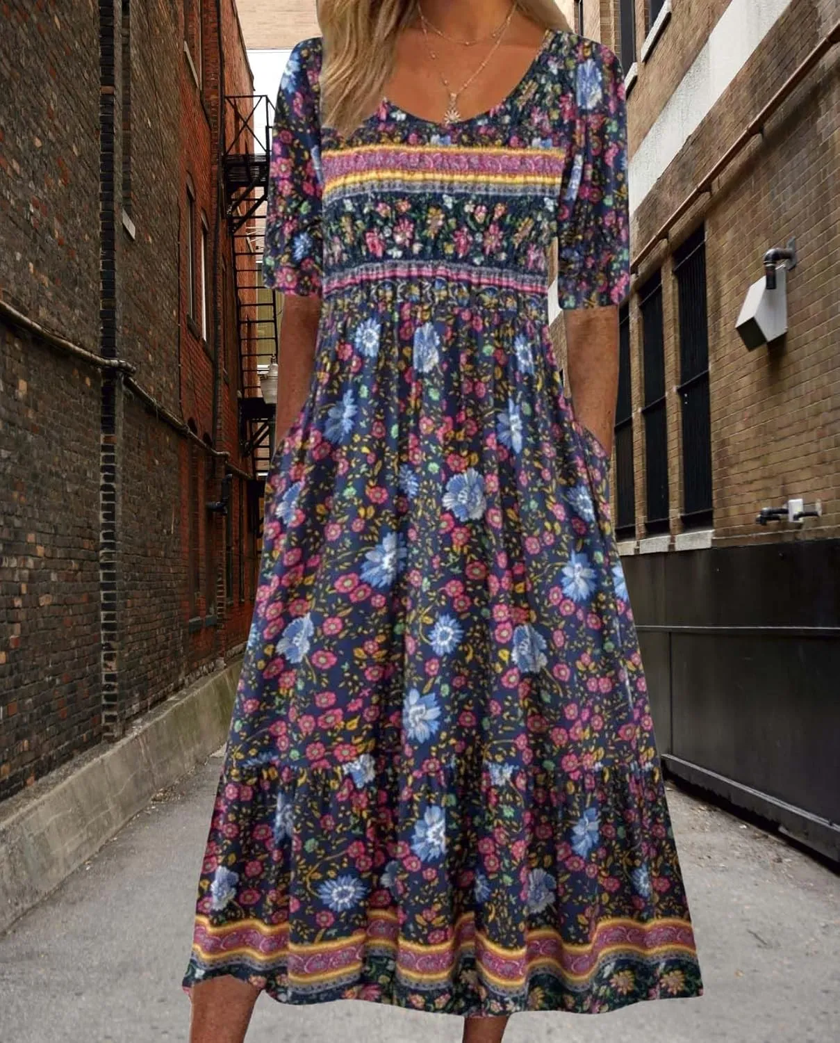 Summer Boho Floral Print Midi Dresses for Women Cotton Blend High Waist Casual Short Sleeve Loose Flowy Dresses with Pockets