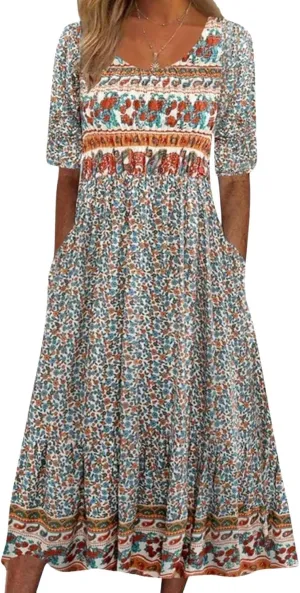 Summer Boho Floral Print Midi Dresses for Women Cotton Blend High Waist Casual Short Sleeve Loose Flowy Dresses with Pockets