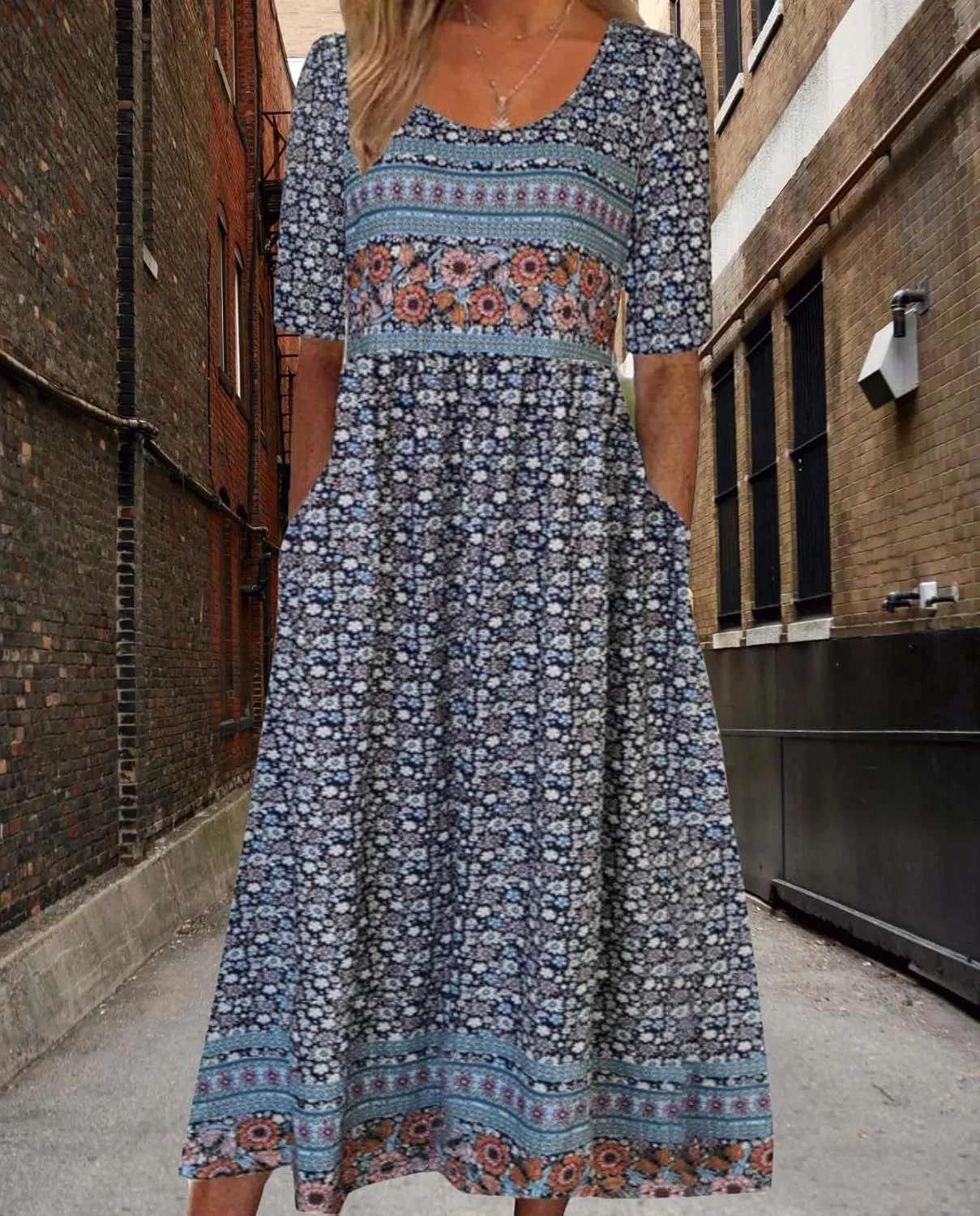 Summer Boho Floral Print Midi Dresses for Women Cotton Blend High Waist Casual Short Sleeve Loose Flowy Dresses with Pockets