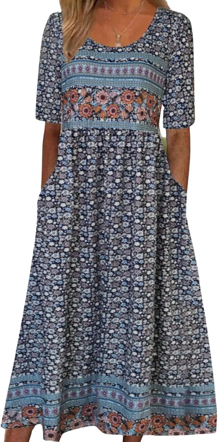 Summer Boho Floral Print Midi Dresses for Women Cotton Blend High Waist Casual Short Sleeve Loose Flowy Dresses with Pockets