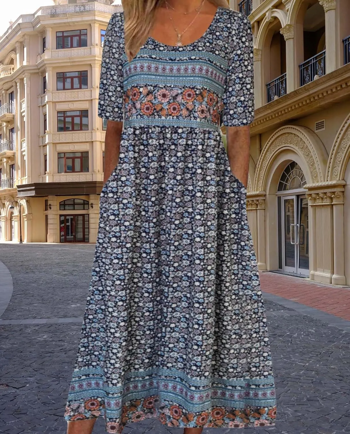 Summer Boho Floral Print Midi Dresses for Women Cotton Blend High Waist Casual Short Sleeve Loose Flowy Dresses with Pockets