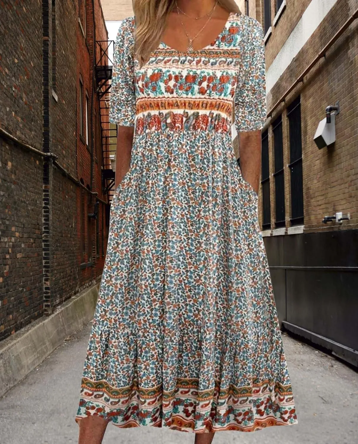 Summer Boho Floral Print Midi Dresses for Women Cotton Blend High Waist Casual Short Sleeve Loose Flowy Dresses with Pockets