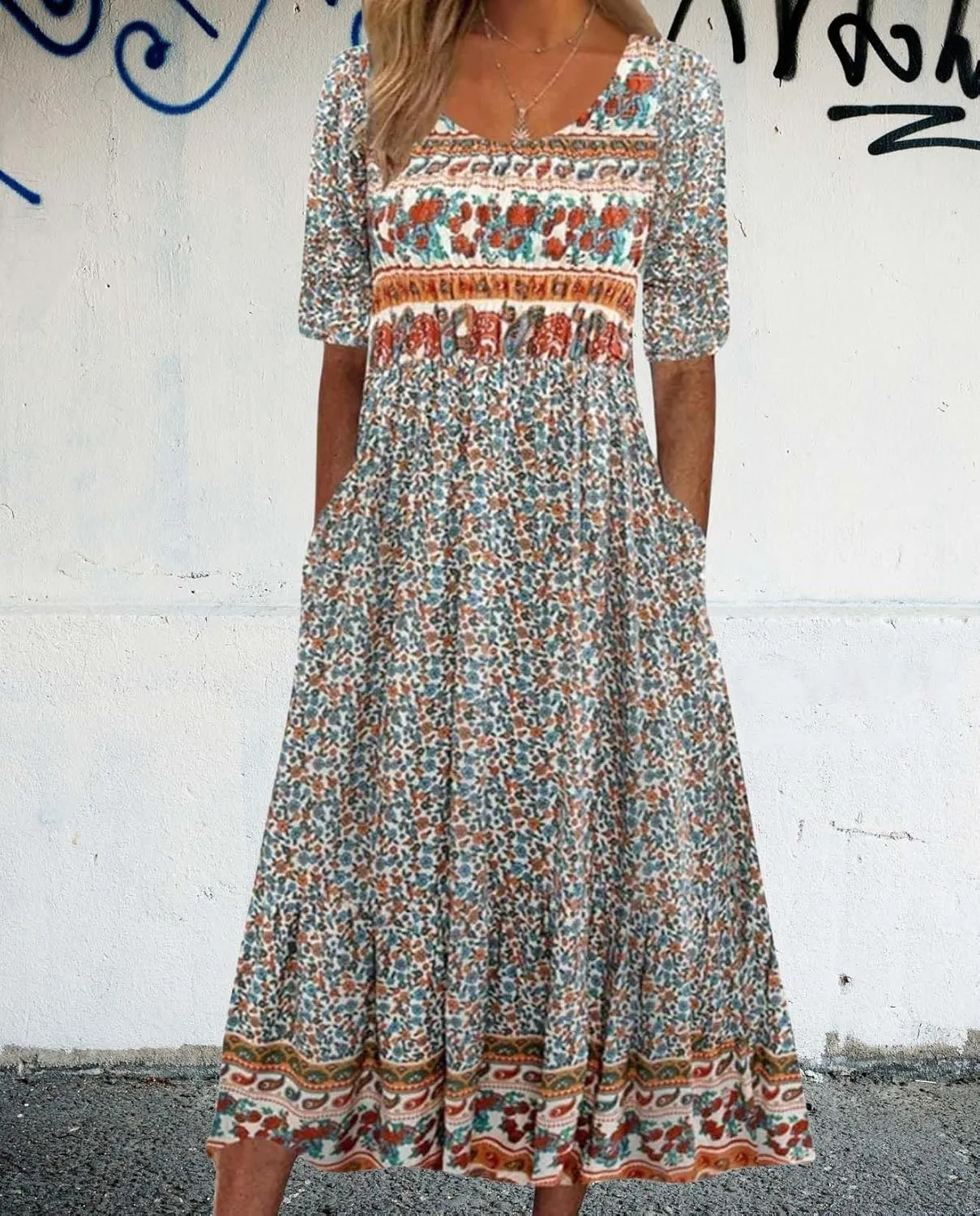 Summer Boho Floral Print Midi Dresses for Women Cotton Blend High Waist Casual Short Sleeve Loose Flowy Dresses with Pockets