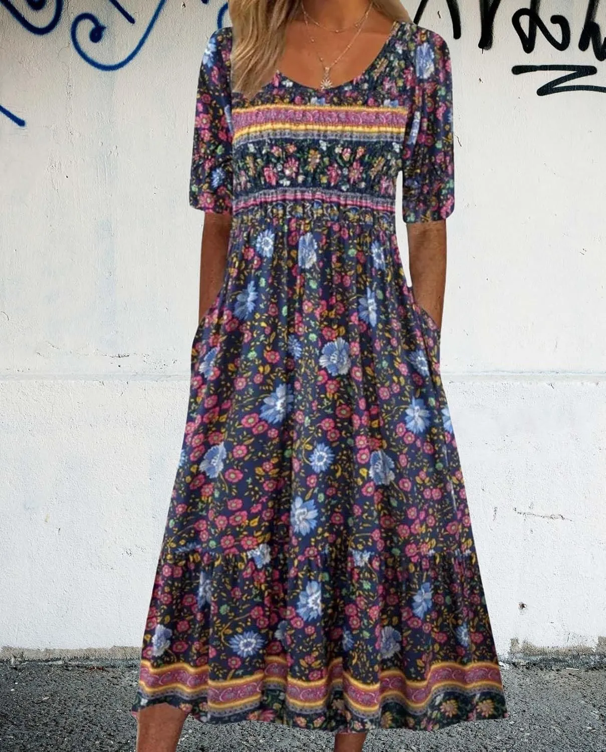 Summer Boho Floral Print Midi Dresses for Women Cotton Blend High Waist Casual Short Sleeve Loose Flowy Dresses with Pockets