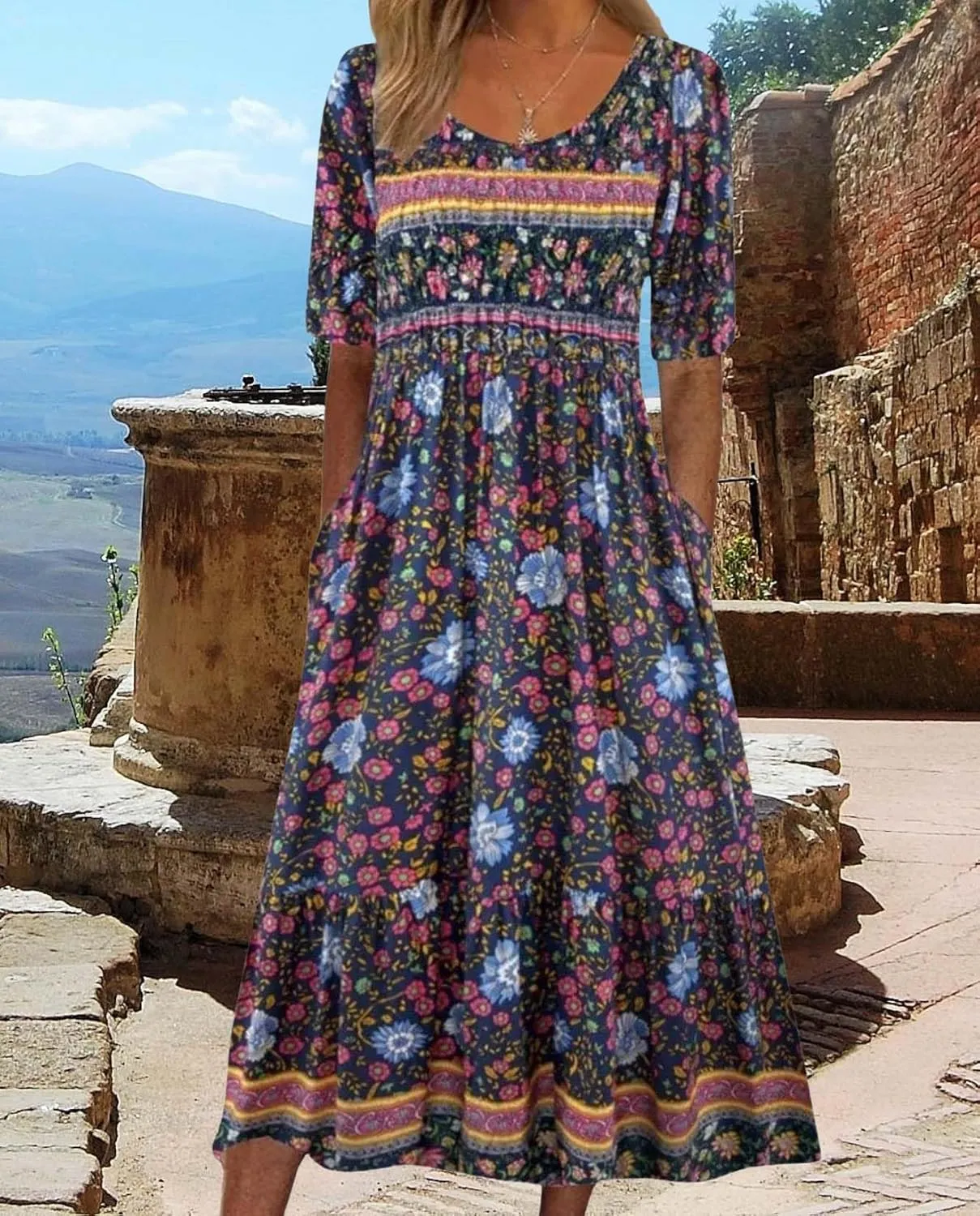Summer Boho Floral Print Midi Dresses for Women Cotton Blend High Waist Casual Short Sleeve Loose Flowy Dresses with Pockets