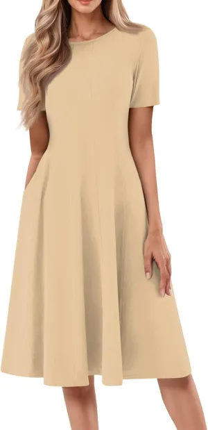 Summer Dresses for Women 2025 Beach Vacation Spring Clothes Short Sleeve Round Neck Fashion Midi Dress