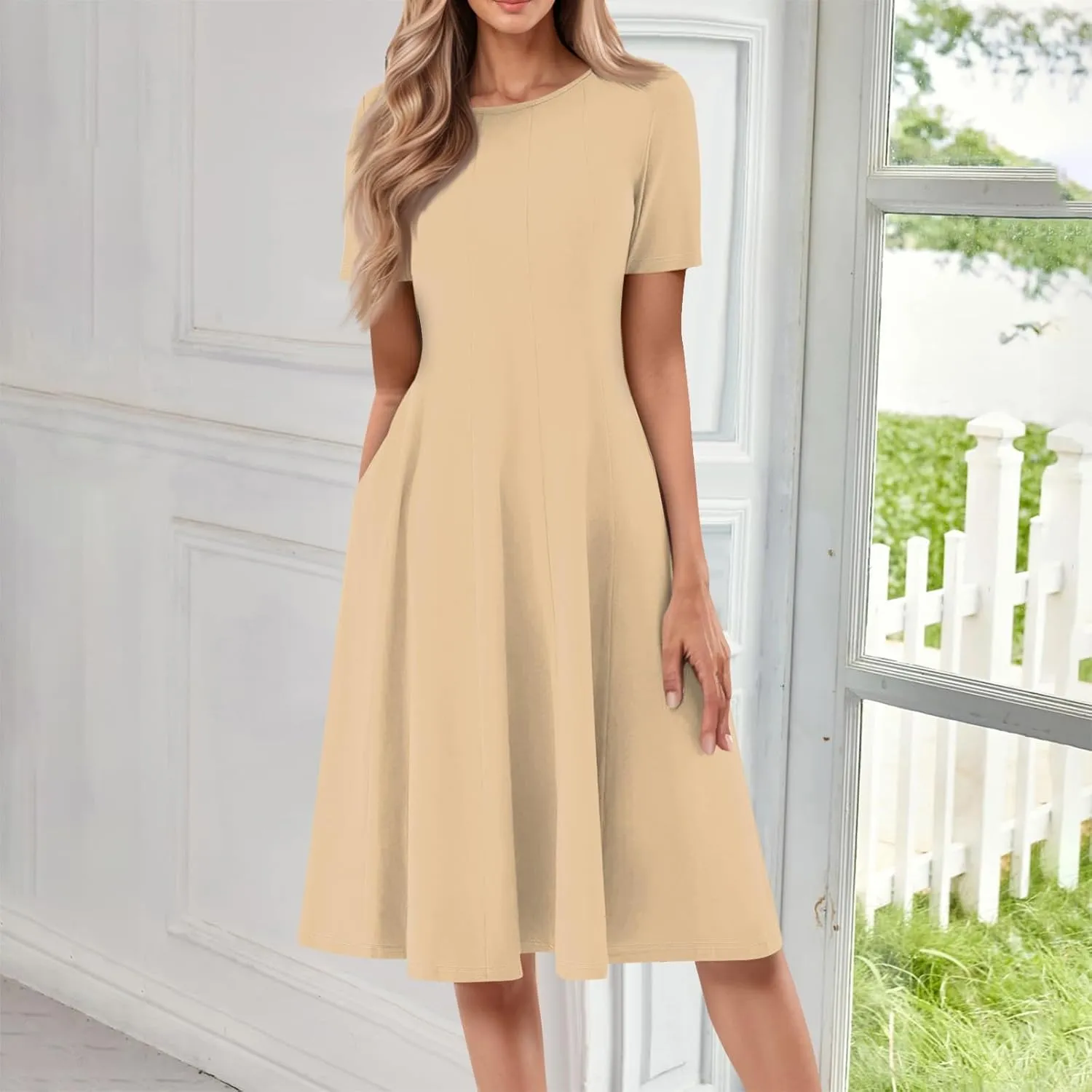 Summer Dresses for Women 2025 Beach Vacation Spring Clothes Short Sleeve Round Neck Fashion Midi Dress