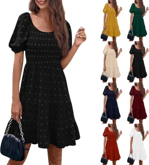 Summer Dresses for Women 2025 Round Neck Puff Sleeves A Line Dress Solid Dot Pleated Boho Casual Beach Flowy Dresses