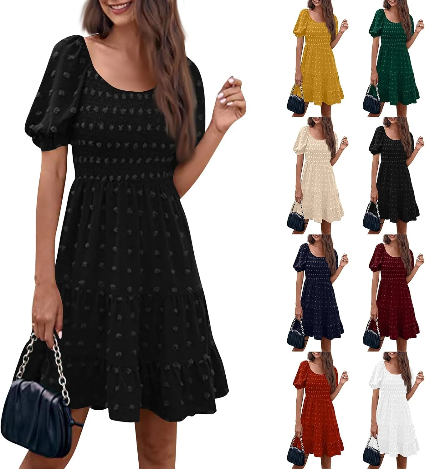 Summer Dresses for Women 2025 Round Neck Puff Sleeves A Line Dress Solid Dot Pleated Boho Casual Beach Flowy Dresses