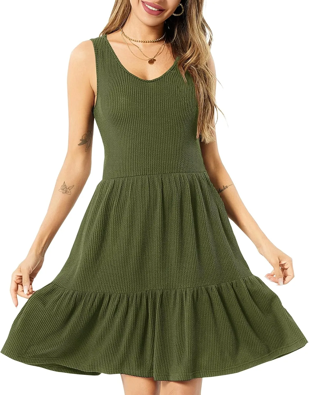 Summer Dresses for Women Casual Sleeveless Tank Work Dress Flowy Tiered Beach Midi Dress Womens Sundress with Pockets