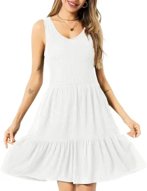 Summer Dresses for Women Casual Sleeveless Tank Work Dress Flowy Tiered Beach Midi Dress Womens Sundress with Pockets