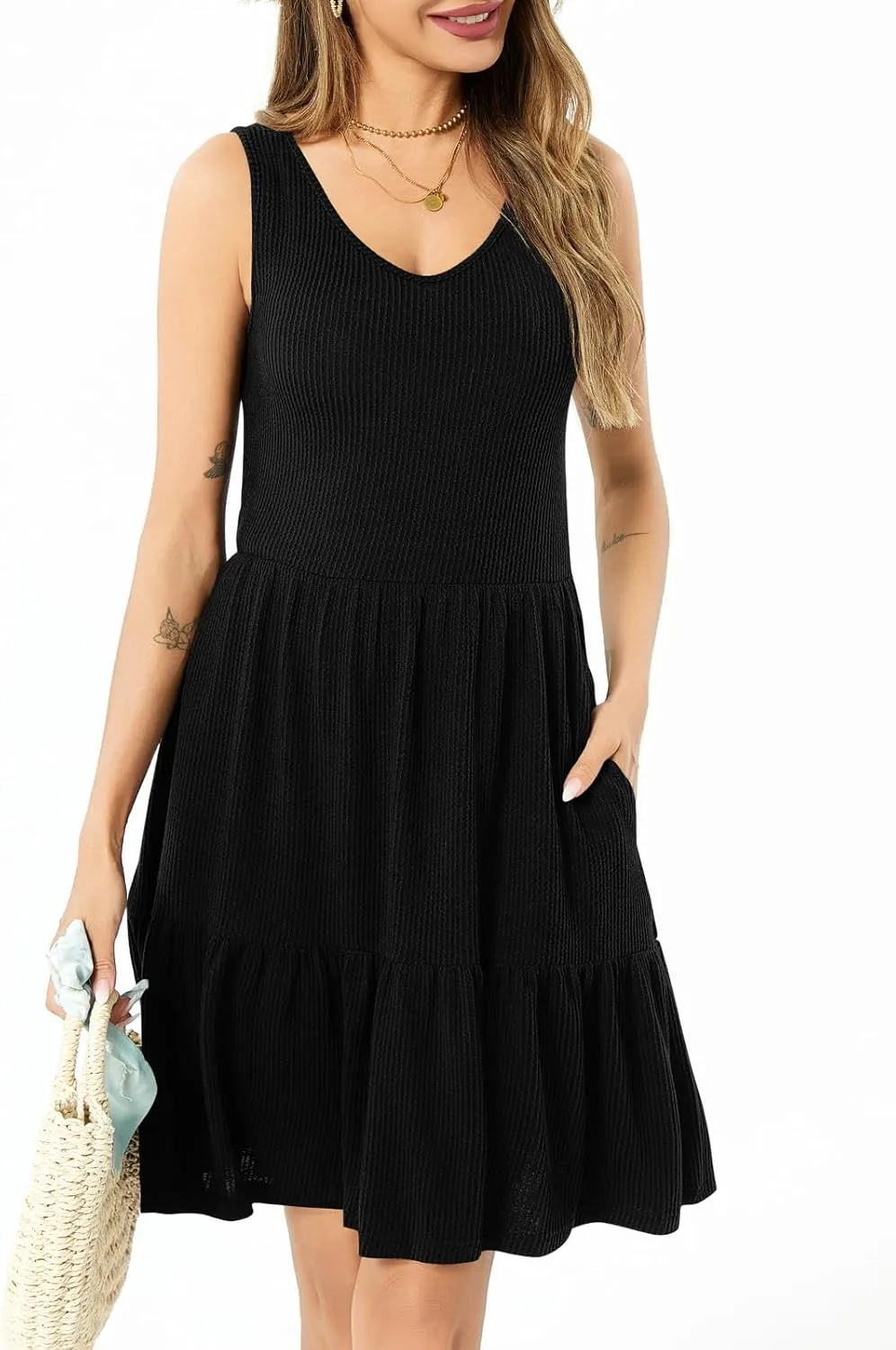 Summer Dresses for Women Casual Sleeveless Tank Work Dress Flowy Tiered Beach Midi Dress Womens Sundress with Pockets