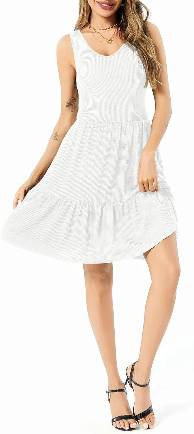 Summer Dresses for Women Casual Sleeveless Tank Work Dress Flowy Tiered Beach Midi Dress Womens Sundress with Pockets