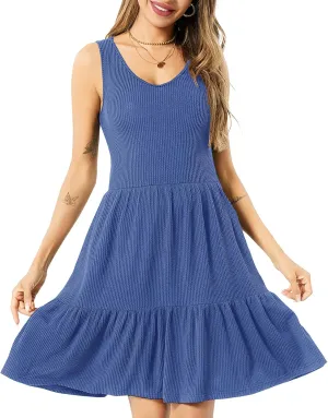 Summer Dresses for Women Casual Sleeveless Tank Work Dress Flowy Tiered Beach Midi Dress Womens Sundress with Pockets