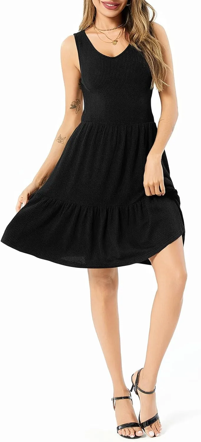Summer Dresses for Women Casual Sleeveless Tank Work Dress Flowy Tiered Beach Midi Dress Womens Sundress with Pockets
