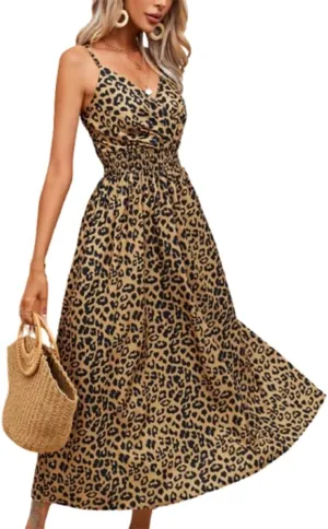 Summer Dresses for Women Leopard Print Spaghetti Strap DressV Neck Ruffle A Line Boho Beach Midi Dress