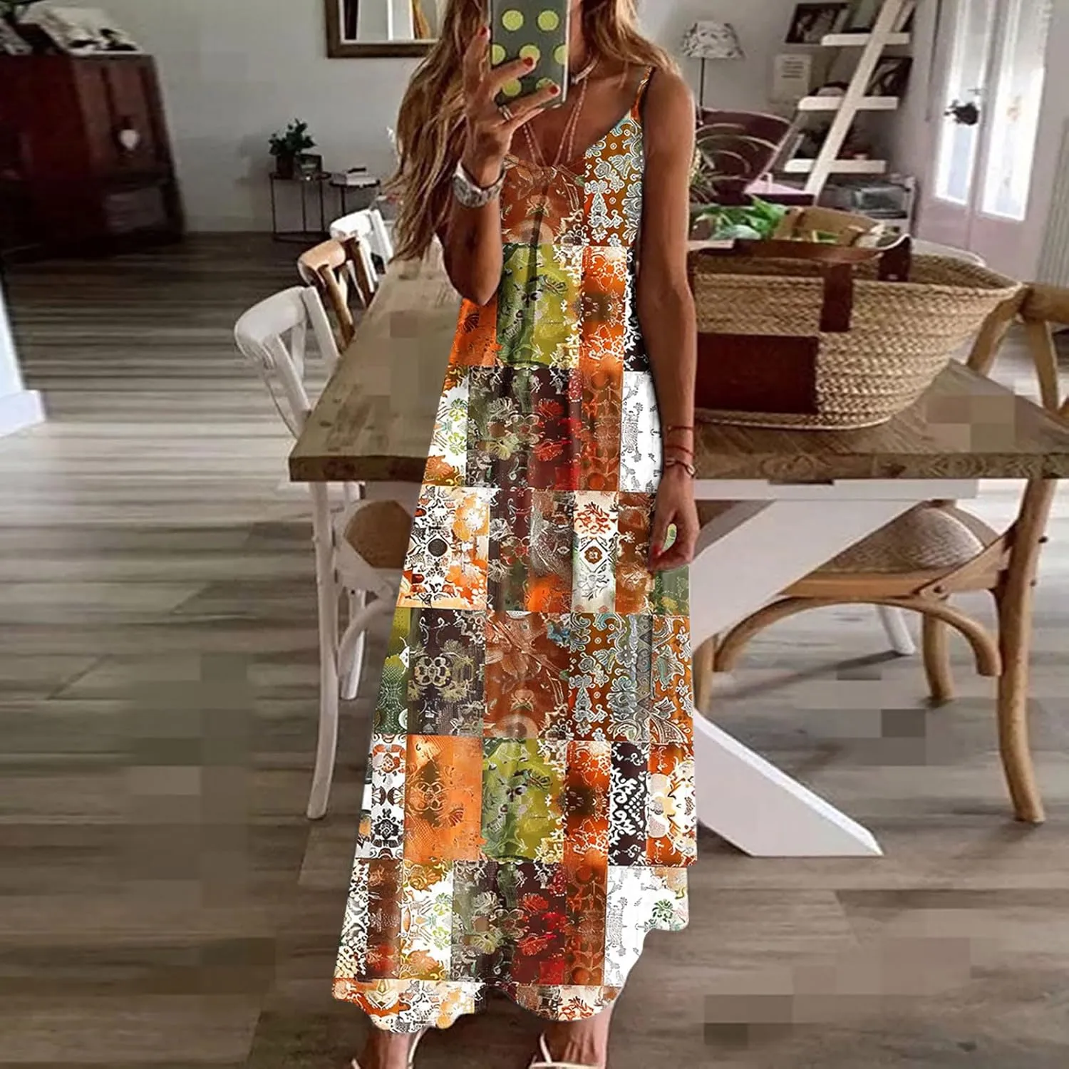 Summer Maxi Dresses for Women Spaghetti Strap Dress Fashion V Neck Floral Print Sundresses 2025 Beach Vacation Outfit
