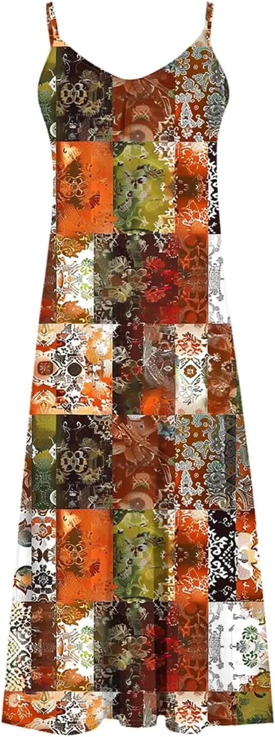 Summer Maxi Dresses for Women Spaghetti Strap Dress Fashion V Neck Floral Print Sundresses 2025 Beach Vacation Outfit