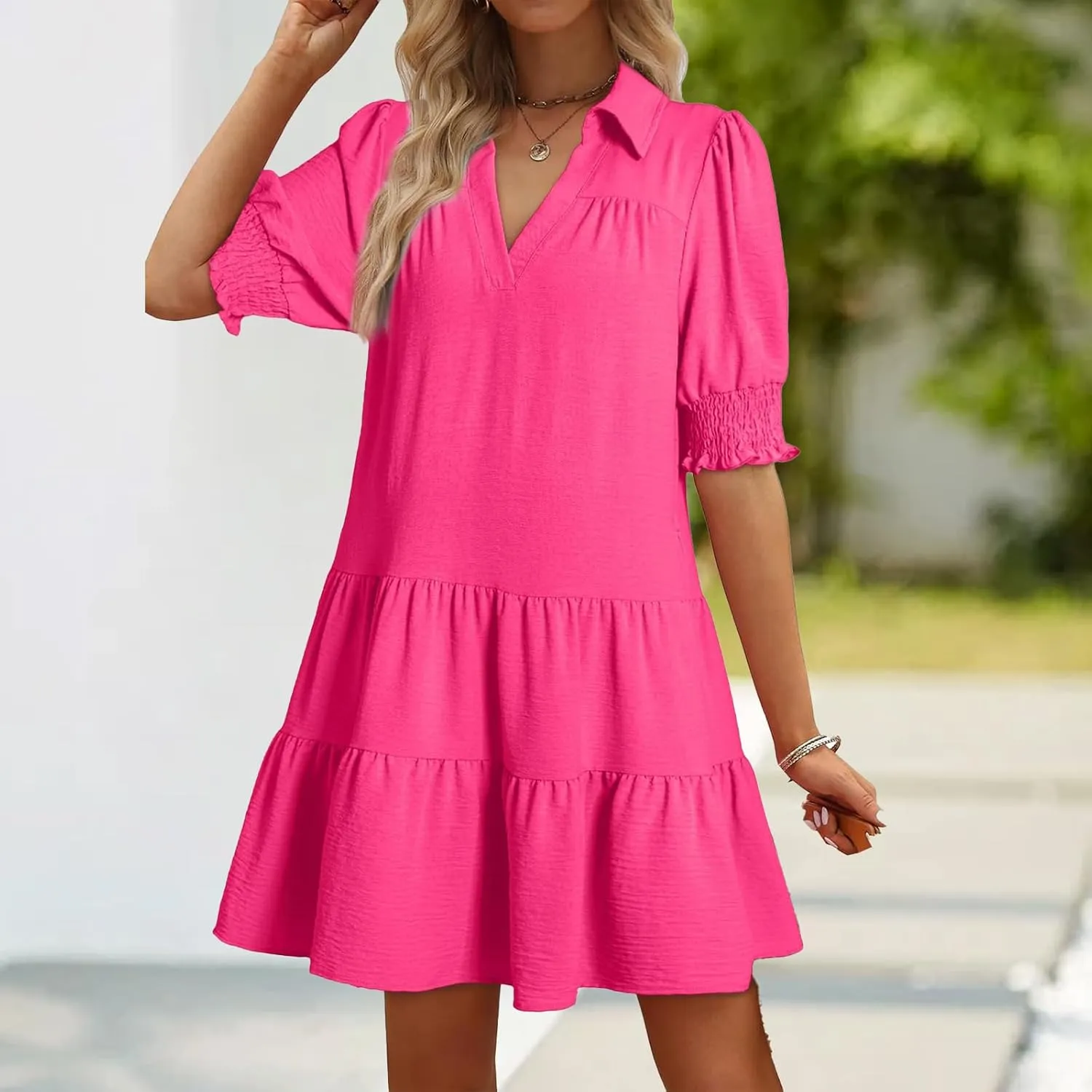 Summer Mini Dress for Women Lapel Collared V Neck Flutter Sleeve Maxi Dress Casual Beach Sundress Vacation