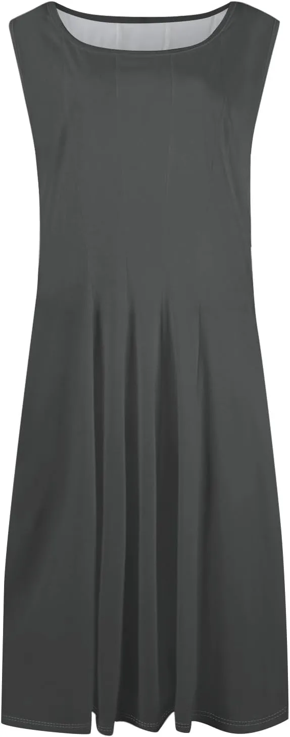 Sundresses for Women Sleeveless Tank Dress Casual Summer Flowy A Line Pleated Midi Dresses Sundress with Pockets