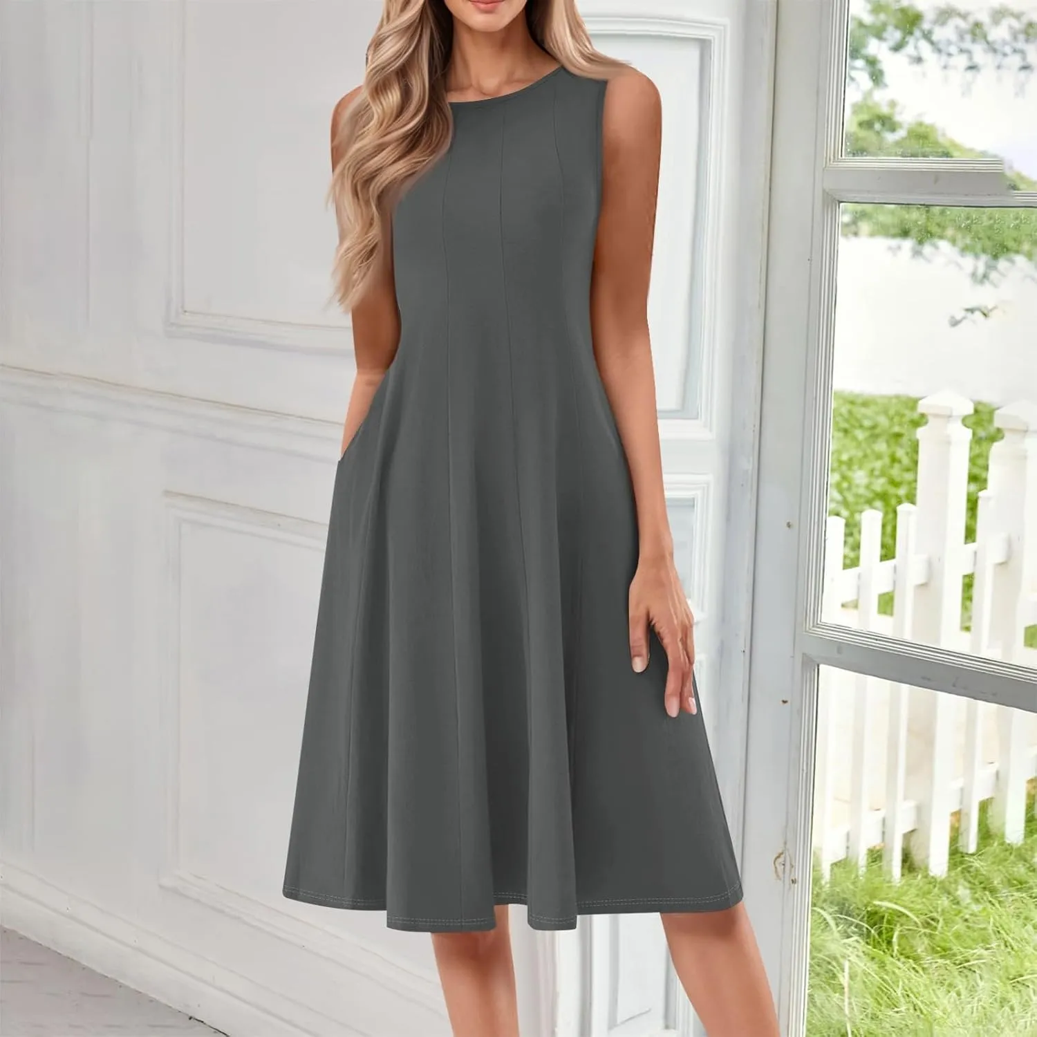 Sundresses for Women Sleeveless Tank Dress Casual Summer Flowy A Line Pleated Midi Dresses Sundress with Pockets