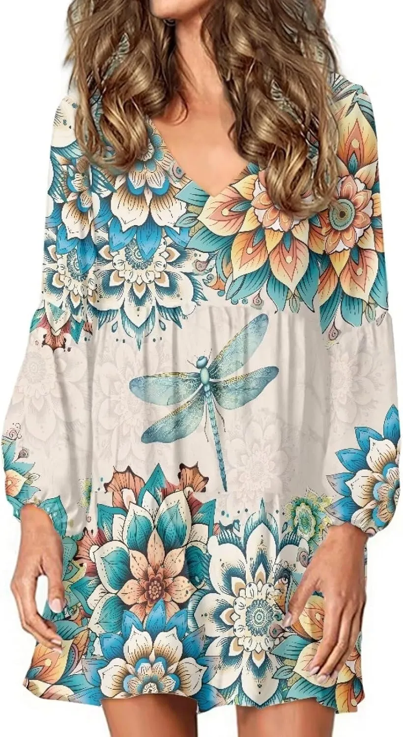 Suobstales Women's Dresses Fall Long Sleeve Mini Dress V Neck Flowy Casual A Line Sundress Swing Ruffle Dress