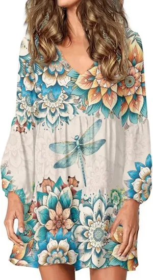 Suobstales Women's Dresses Fall Long Sleeve Mini Dress V Neck Flowy Casual A Line Sundress Swing Ruffle Dress