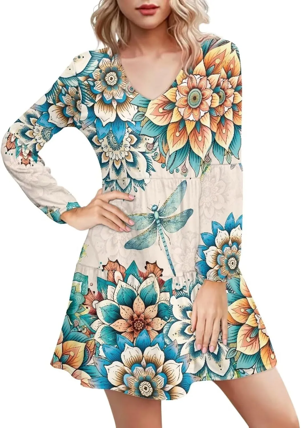 Suobstales Women's Dresses Fall Long Sleeve Mini Dress V Neck Flowy Casual A Line Sundress Swing Ruffle Dress