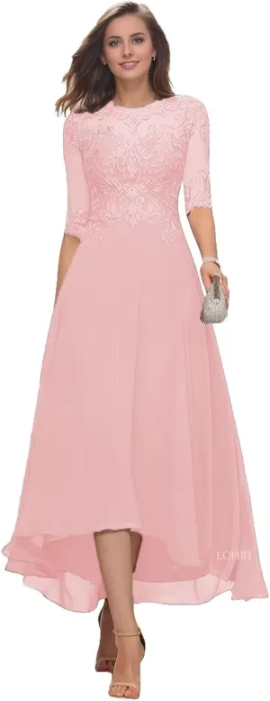 Tea Length Mother of The Bride Dresses for Wedding with Sleeves Lace Appliques High Low Formal Evening Party Gown