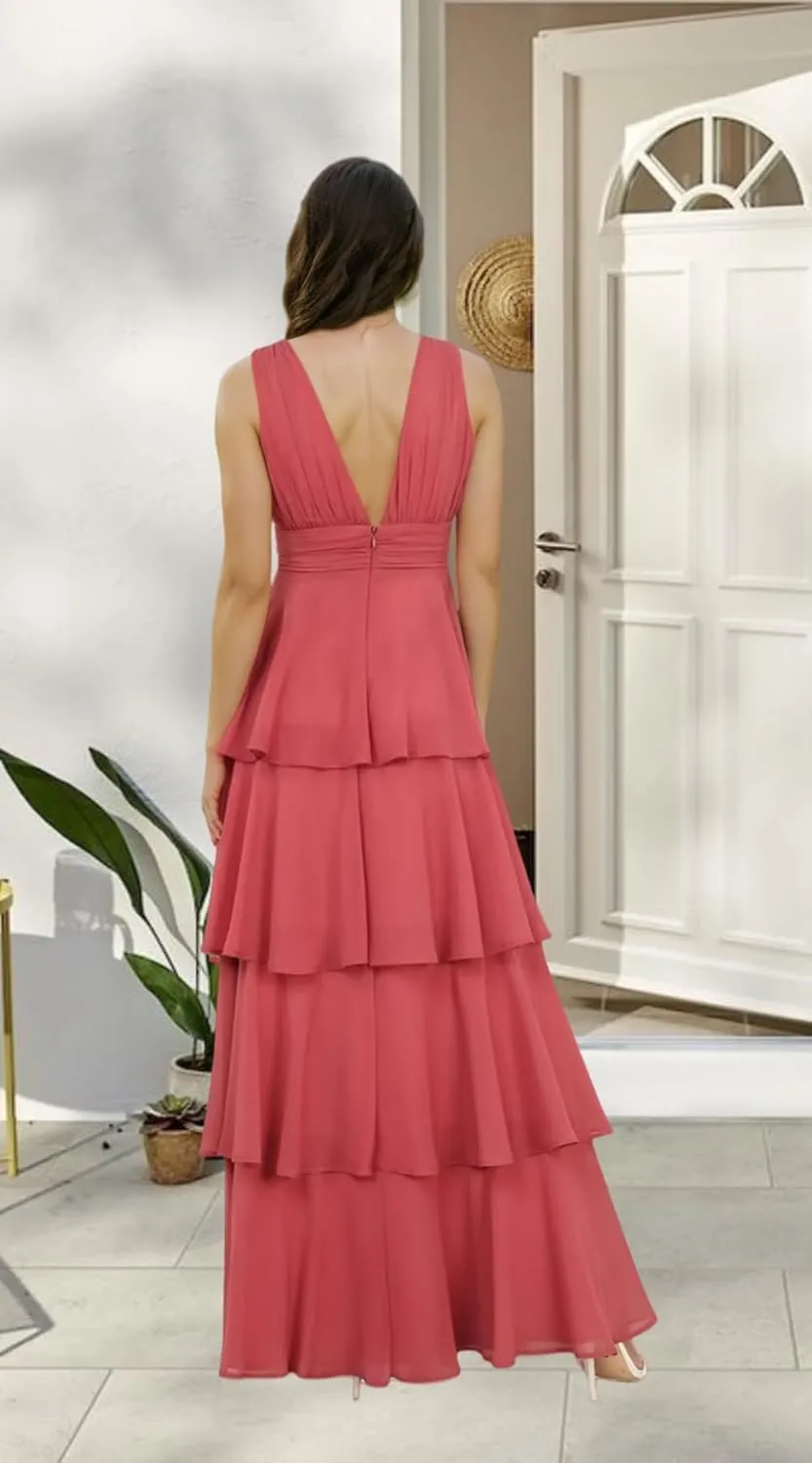 Tiered Ruffles Chiffon Bridesmaid Dresses Long for Women Wedding Formal Evening Dresses