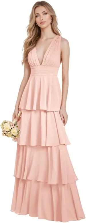 Tiered Ruffles Chiffon Bridesmaid Dresses Long for Women Wedding Formal Evening Dresses