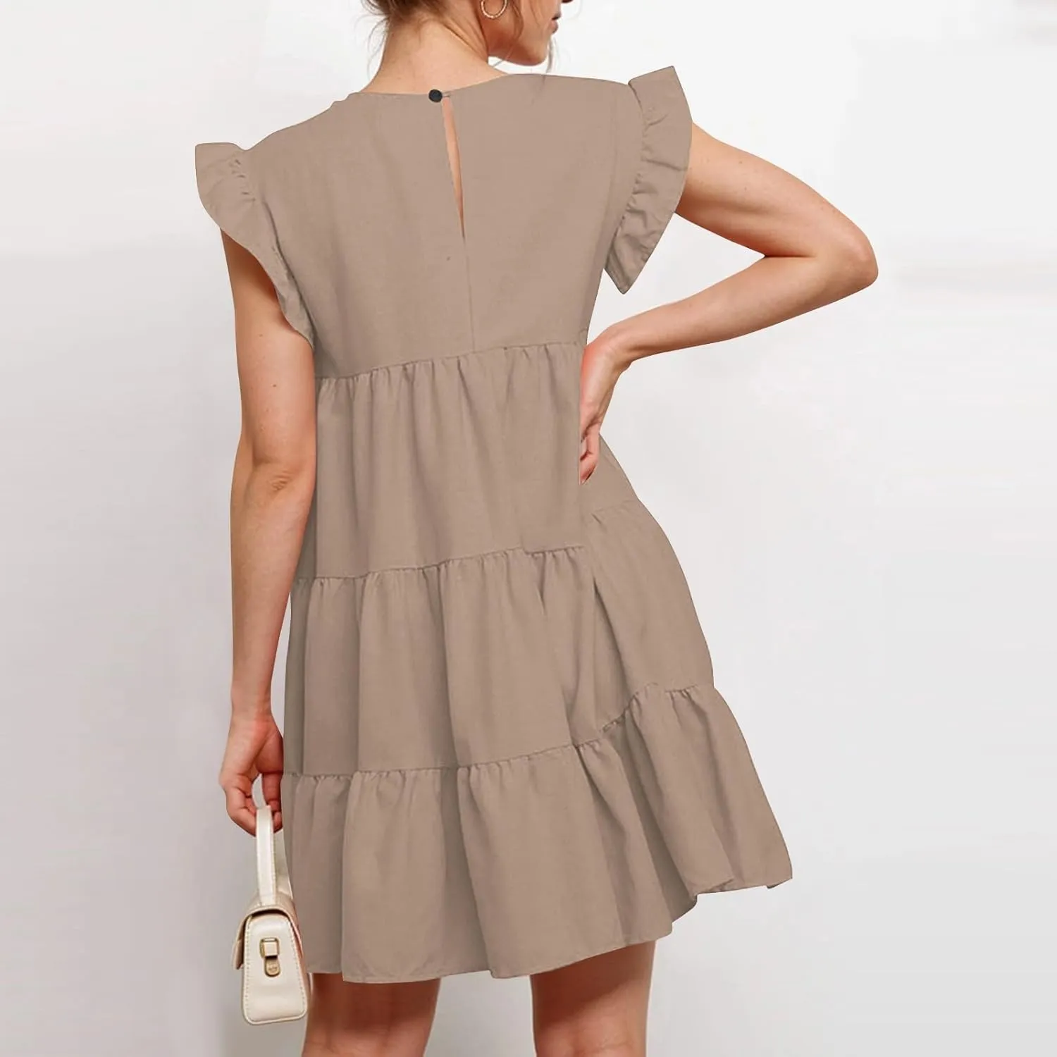 Tshirt Dress Women Cute Summer Ruffle Cap Sleeve Empire Waist Patchwork Fit and Flare Dress Short Mini Sundress