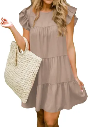 Tshirt Dress Women Cute Summer Ruffle Cap Sleeve Empire Waist Patchwork Fit and Flare Dress Short Mini Sundress