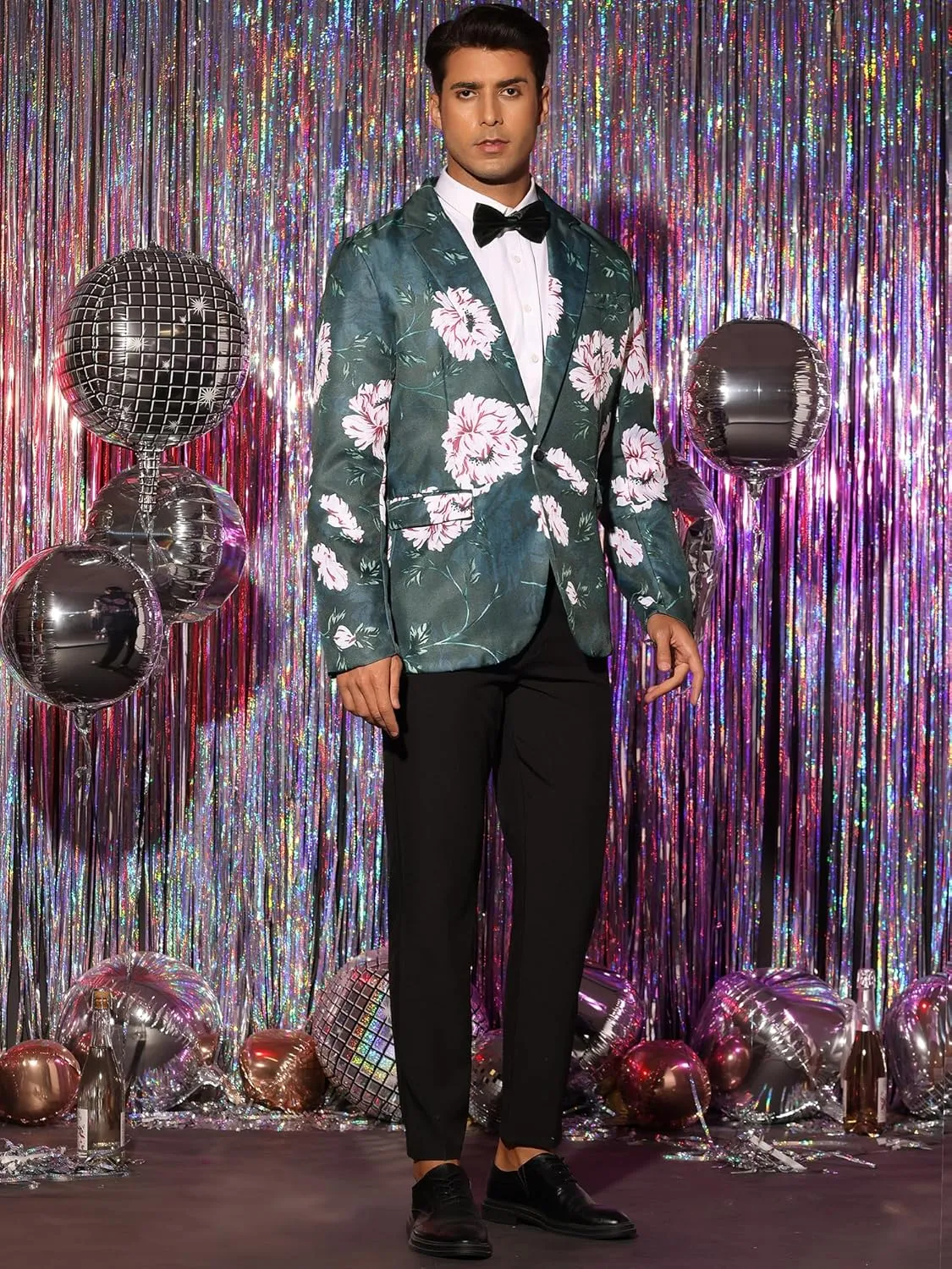 uxcell Men's Suit Blazer Slim Fit Floral Printed One Button Prom Jacket Sport Coat