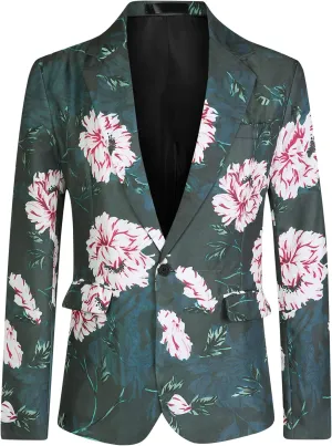 uxcell Men's Suit Blazer Slim Fit Floral Printed One Button Prom Jacket Sport Coat