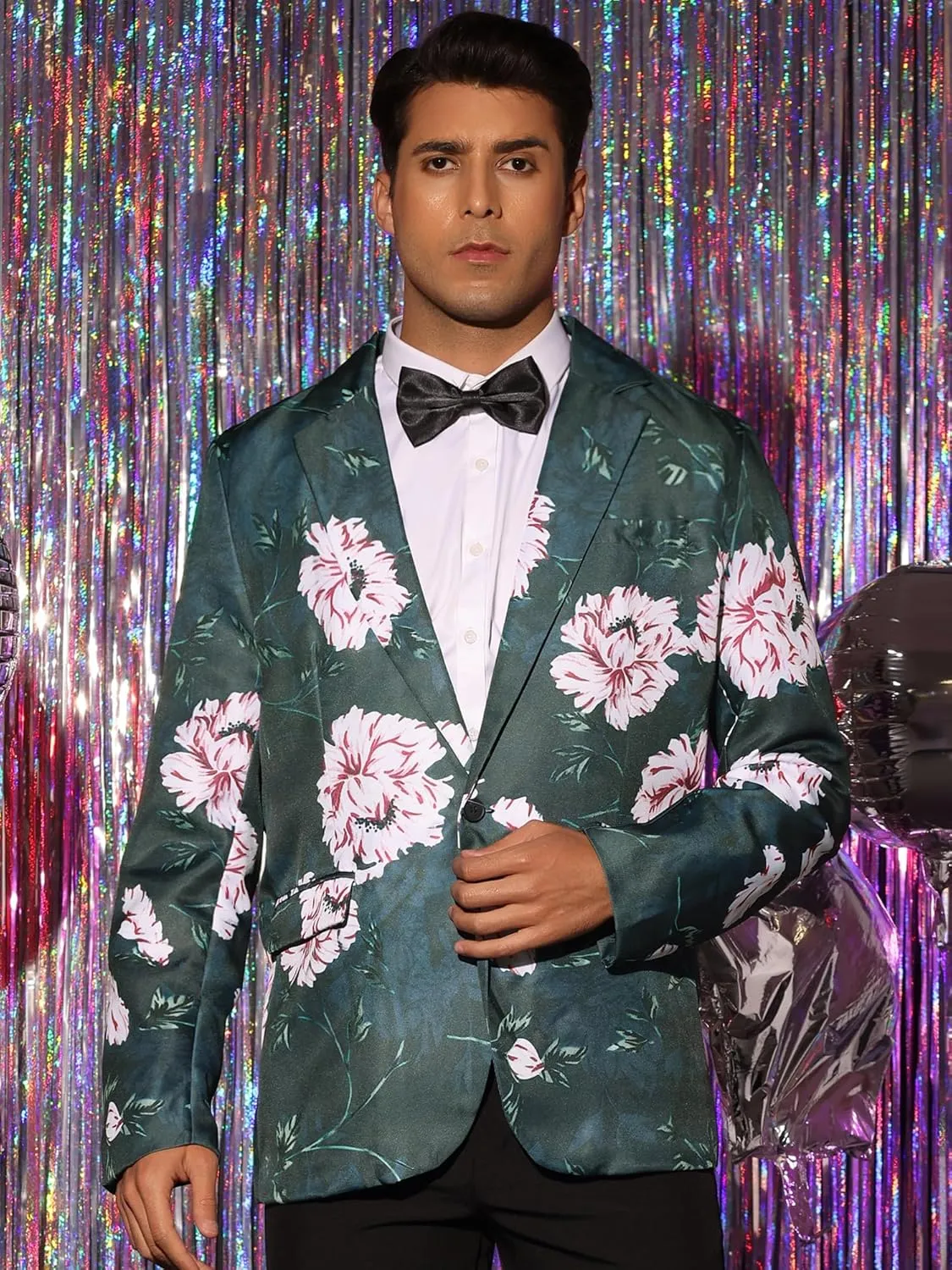 uxcell Men's Suit Blazer Slim Fit Floral Printed One Button Prom Jacket Sport Coat