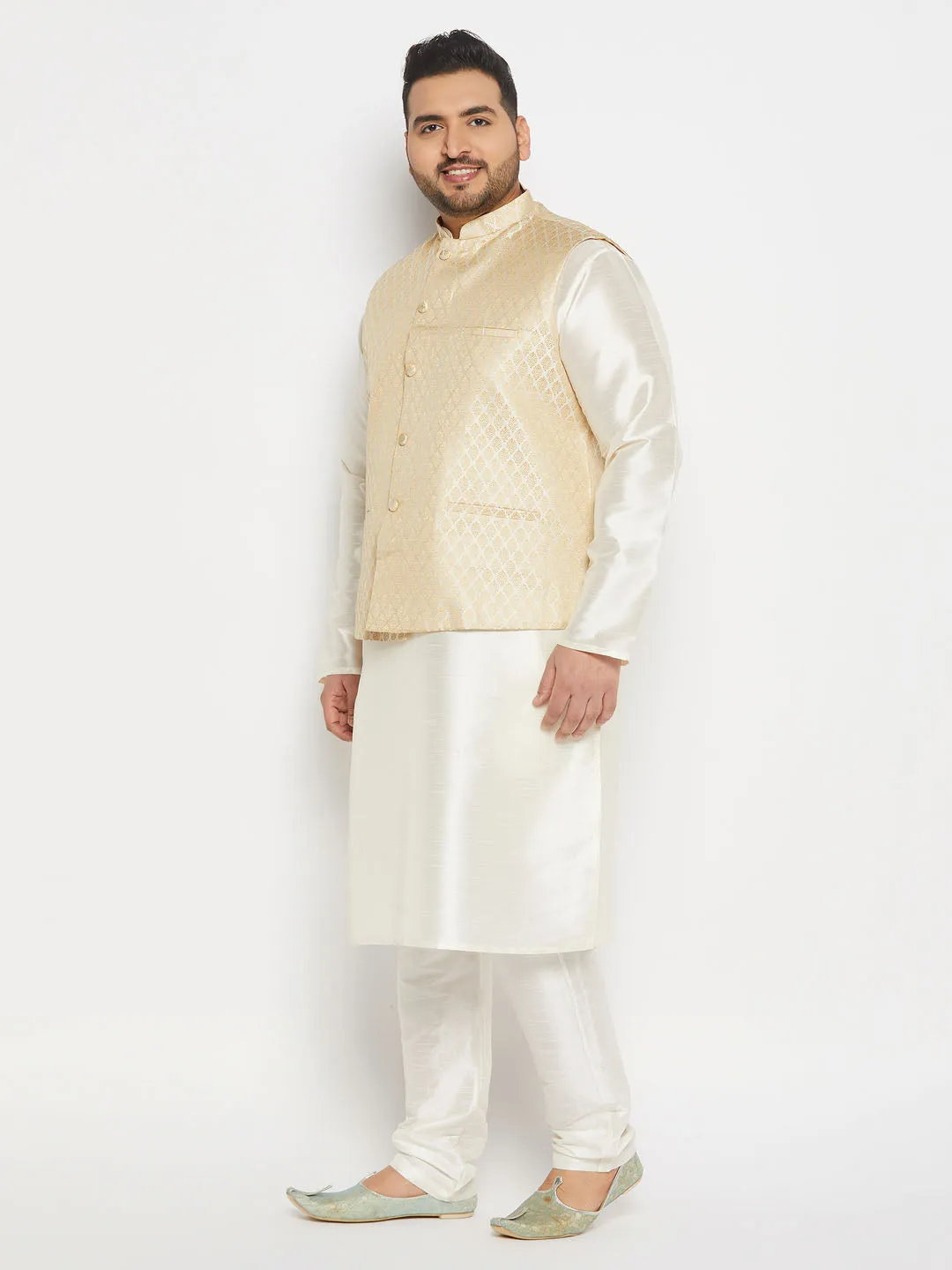 VASTRAMAY Cream Men's Ethnic Jacket Set
