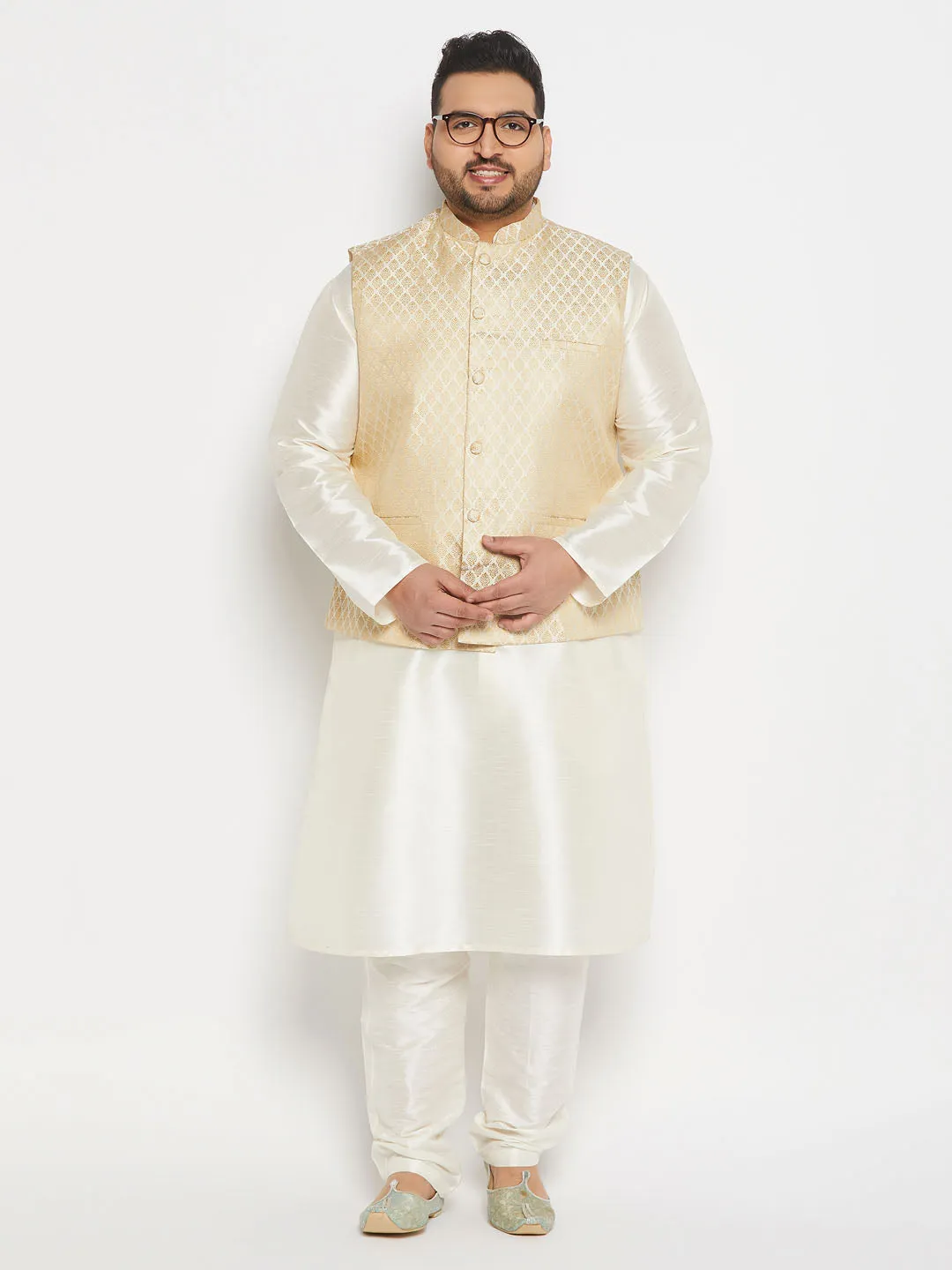 VASTRAMAY Cream Men's Ethnic Jacket Set